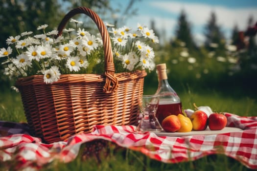 Photo of Picnic set with flowers in the garden countryside.
