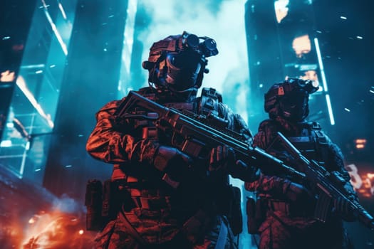 Futuristic special force soldiers, Cyberpunk warrior portrait in neon light background.