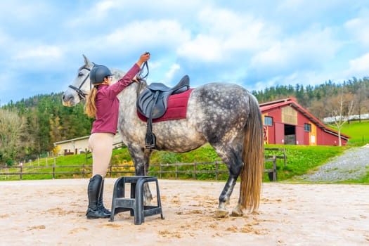 Rear view of a Woman using a step to get up and ride a horse