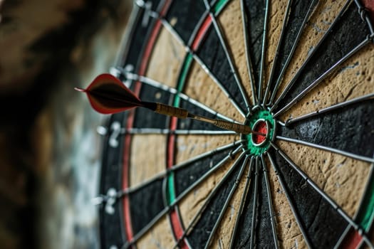 Dart arrow hitting in the target center of dartboard, show that business success concept.