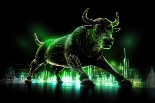 Double exposure of a silhouette bull run and uptrend chart, the bull market is rising.