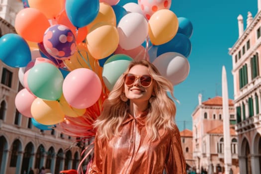 Photo of a beautiful girl smiling and holding a bunch of colorful balloons.