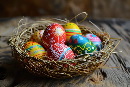 Colorful Easter eggs in basket, Easter background with copy space, Happy Easter day.