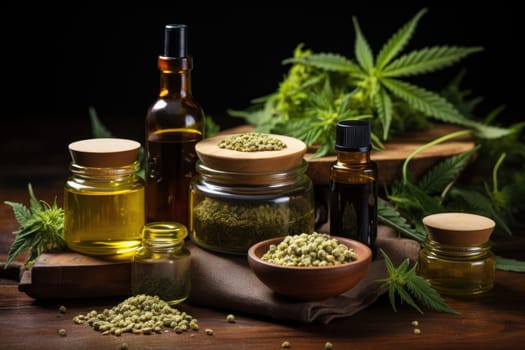 hemp medicine, Green leaves of medicinal cannabis with extract oil, AI Generative.