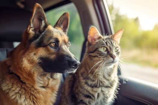 Happy dog and cat together in car looking out of the window. summer vocation travel.