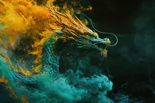 Image of dragon with colourful smoke on black background. Mythical creatures. Illustration.