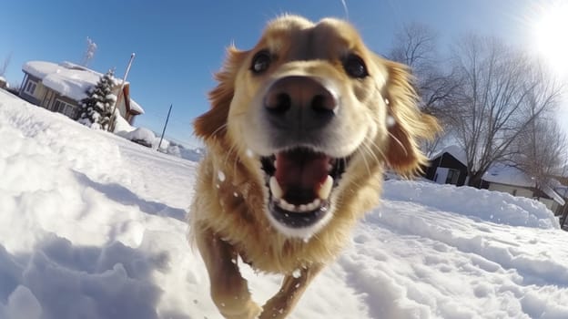 Fisheye portrait of dog on snow covered field, AI Generative.