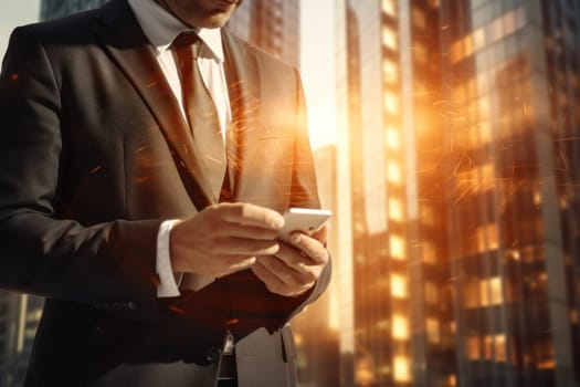 Business background, businessman double exposure effect and city buildings illustration.