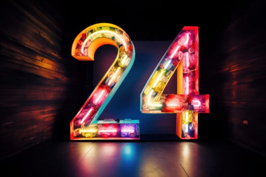 Happy new year 2024 neon light. Colorful design, trendy style, Number 24.