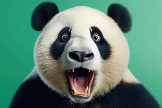 Funny surprised panda studio shot isolated bright color background.