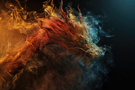 Image of dragon with colourful smoke on black background. Mythical creatures. Illustration.