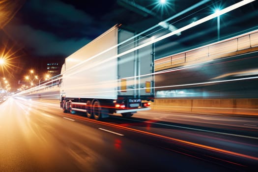 Truck with container on highway, cargo transportation concept. Fast delivery, blurred motion.