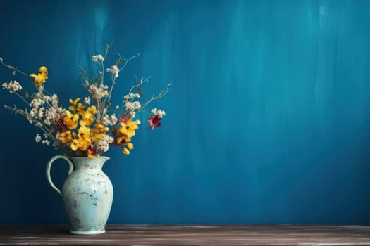 Vase of wildflowers on wooden table and pastel wall texture background.