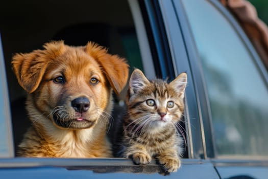 Happy dog and cat together in car looking out of the window. summer vocation travel.
