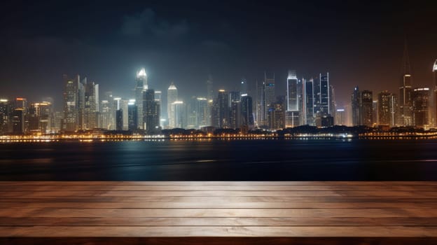 Blank wood tabletop with blurred night city skyline and river, showcase, nightlife, AI Generative.