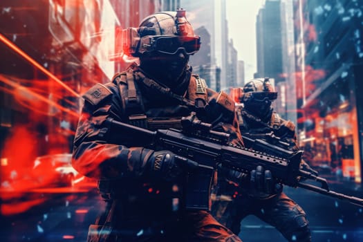 Futuristic special force soldiers, Cyberpunk warrior portrait in neon light background.