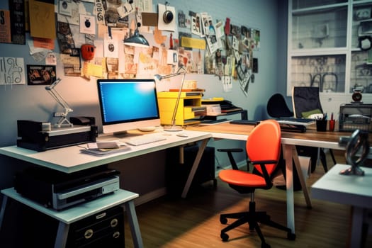 A designer's desk with a computer, designer's working table.