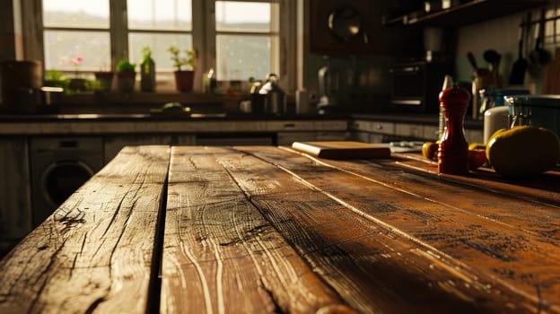 Empty table in modern kitchen interior, Empty wooden counter table top for product display.