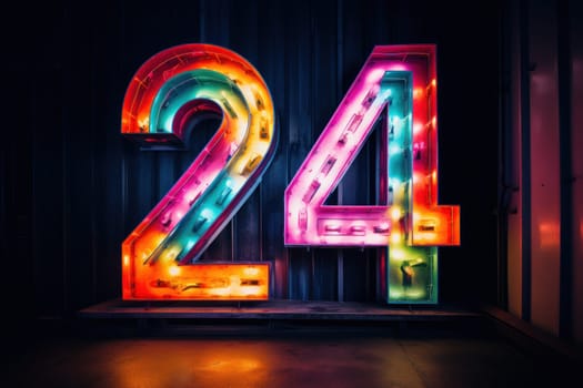 Happy new year 2024 neon light. Colorful design, trendy style, Number 24.