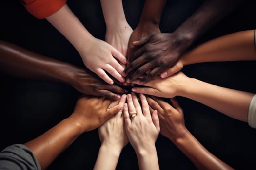 No room for racism, Many hands of different races and ethnicities. United for equality.
