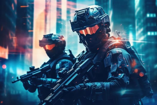 Futuristic special force soldiers, Cyberpunk warrior portrait in neon light background.