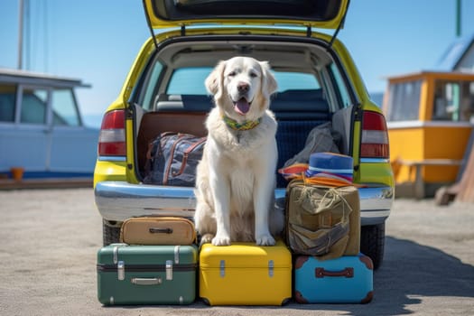holiday vacation dog, travel with pet concept.