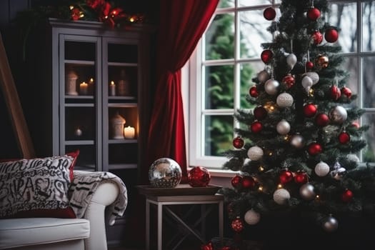 Beautiful Christmas tree in decorated living room. Festive interior.