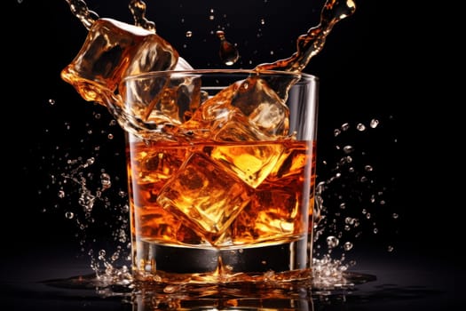Glass of splashing whiskey or other alcohol with ice cube isolated on black background.