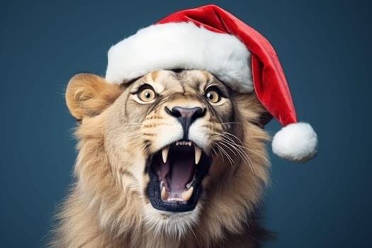 Funny surprised lion with santa hat studio shot isolated bright color background.