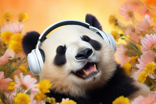photography of a happy and relaxed big Panda with closed Eyes wearing Headphones, AI Generative.