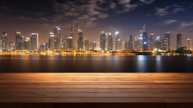 Blank wood tabletop with blurred night city skyline and river, showcase, nightlife, AI Generative.