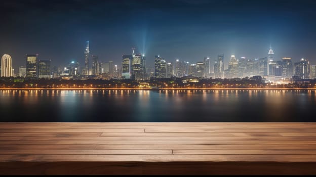 Blank wood tabletop with blurred night city skyline and river, showcase, nightlife, AI Generative.