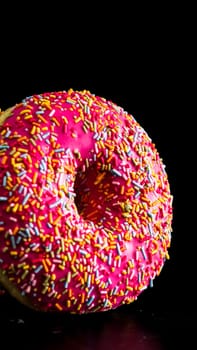 Pink glazed donut with sprinkles isolated. Close up of colorful donut.