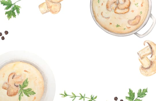 Watercolor illustration of champignons, green parsley and plate with mushroom soup. Hand drawn in watercolor and isolated on a white background. Great for printing on fabric, postcards, invitations, menus
