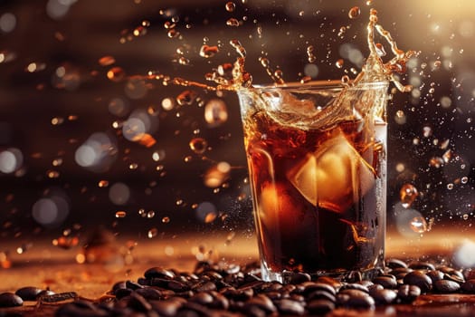 Cold coffee drink with ice, Beans and splash, Close up banner.