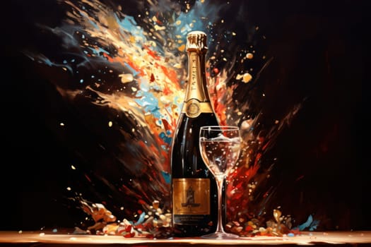 Champagne bottle and wine glass illustration, AI Generative.