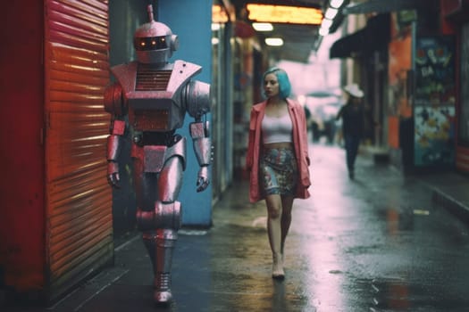 Woman walking with disco robot cyberpunk 1980s fashion photography.