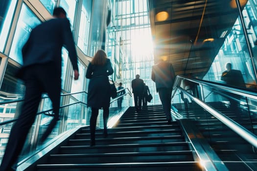 Blurred business people walking up and down stair outside office in fast movement.