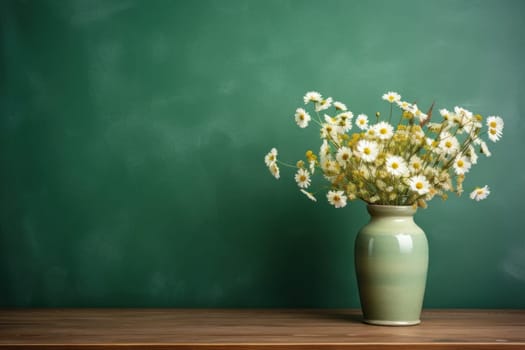 Vase of wildflowers on wooden table and pastel wall texture background.