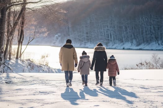 family walking together in a landscape covered with wonderful snow, AI Generative.