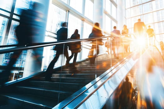 Blurred business people walking up and down stair outside office in fast movement.
