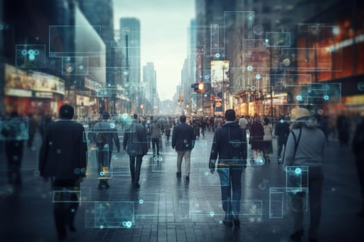 Surveillance camera of a crowd of people walking along busy city streets, AI generative.