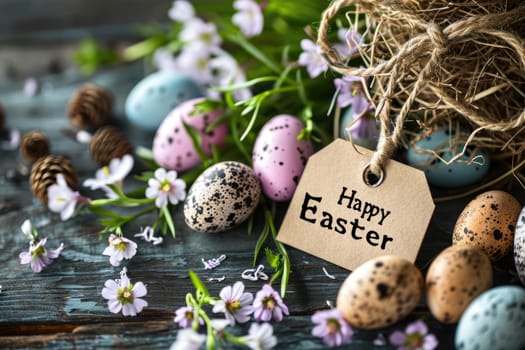 Happy Easter day colorful eggs and flower decoration.