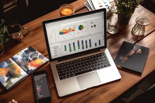 A modern work space desk with a laptop Generative AI.