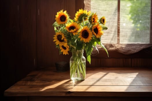 A rustic wooden table with a bouquet of vibrant sunflowers placed in a glass.