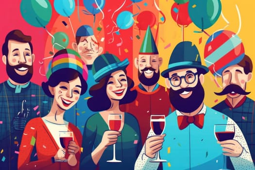 a diverse people wearing colorful party hats Celebrate new year party, illustration.