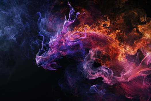 Image of dragon with colourful smoke on black background. Mythical creatures. Illustration.