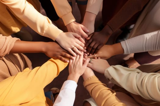 No room for racism, Many hands of different races and ethnicities. United for equality.