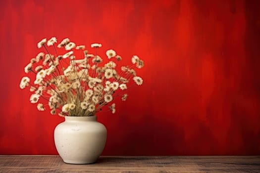 Vase of wildflowers on wooden table and pastel wall texture background.