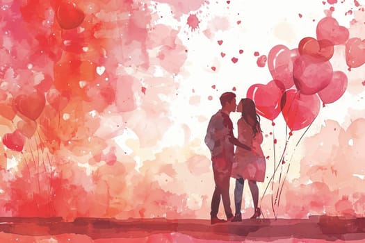 Valentine's Day banner with a watercolor style backdrop with adorable couples and heart balloons.